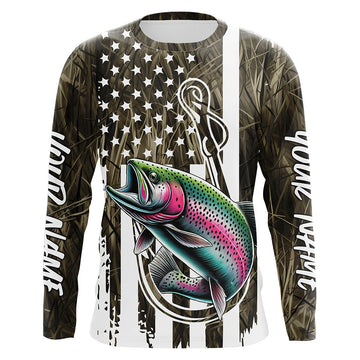 Maxcorners Lake Grass Camo US Flag Custom Rainbow Trout Patriotic Long Sleeve Fishing Shirts With Name LM0501
