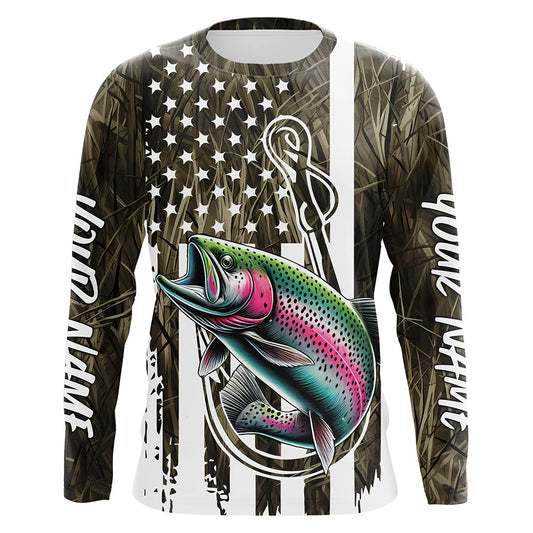Maxcorners Lake Grass Camo US Flag Custom Rainbow Trout Patriotic Long Sleeve Fishing Shirts With Name LM0501