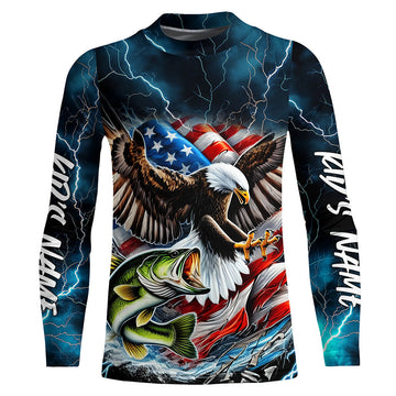 Maxcorners Blue Thunder Lightning US Flag Eagle Custom Patriotic Largemouth Bass Long Seeve Fishing Shirt LM0501