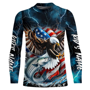 Maxcorners Blue Thunder Lightning US Flag Eagle Custom Patriotic Striped Bass Long Seeve Fishing Shirt LM0501