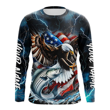 Maxcorners Blue Thunder Lightning US Flag Eagle Custom Patriotic Striped Bass Long Seeve Shirts LM0501
