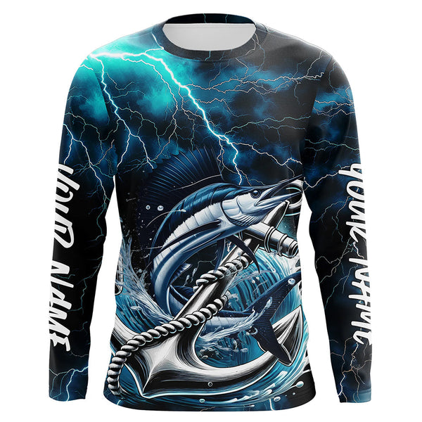 Maxcorners Blue Thunder Lightning Anchor Custom Nautical Sailfish Saltwater Long Sleeve Fishing Shirts For Men LM0607