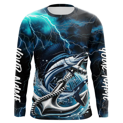 Maxcorners Blue Thunder Lightning Anchor Custom Nautical Sailfish Saltwater Long Sleeve Fishing Shirts For Men LM0607