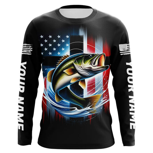 Maxcorners American Flag Cross Custom US Patriotic Largemouth Bass Long Sleeve Tournament Fishing Shirts LM0201