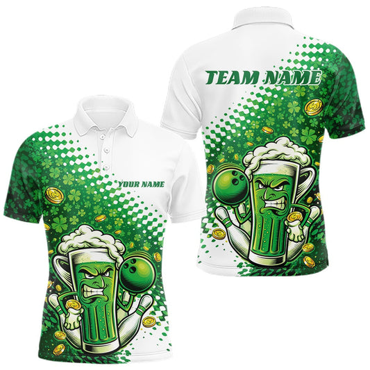 Maxcorners Custom Funny St Patricks Day Beer Bowling Team Shirts, Green Shamrock And Gold Coin Bowling Jersey LM2201