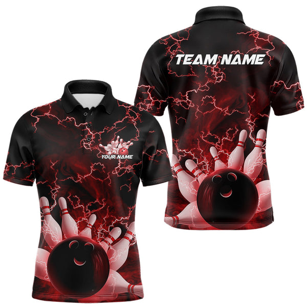 Maxcorners Custom Red Thunder Lightning Men Bowling Polo Team Shirts, Bowling Jerseys TU2107