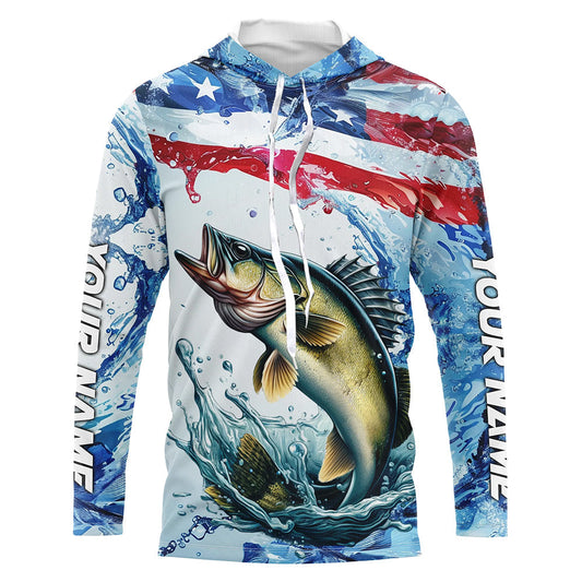 Maxcorners Personalized Patriotic Walleye Long Sleeve Fishing Shirts, American Flag Fishing Shirts LM0501