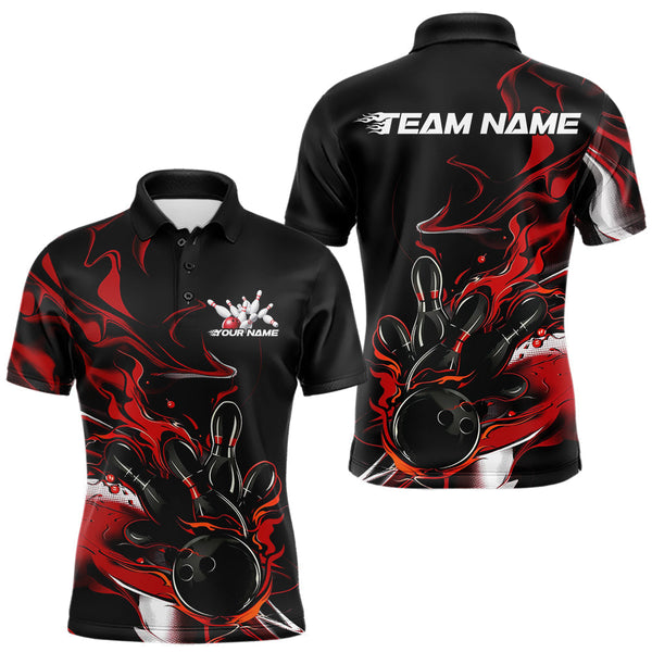 Maxcorners Custom Black And Red Camo Flame Bowling Team Polo Shirts For Men, Bowling Jerseys TU1609