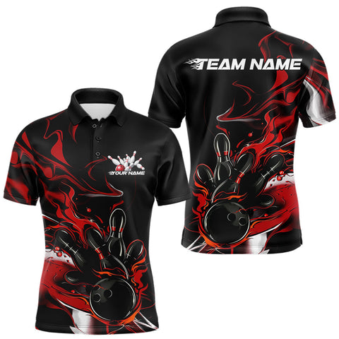 Maxcorners Custom Black And Red Camo Flame Bowling Team Polo Shirts For Men, Bowling Jerseys TU1609
