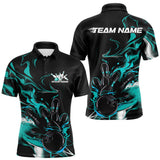 Maxcorners Custom Black And Turquoise Blue Camo Flame Bowling Team Men Polo Shirts, Bowling Jerseys TU1609