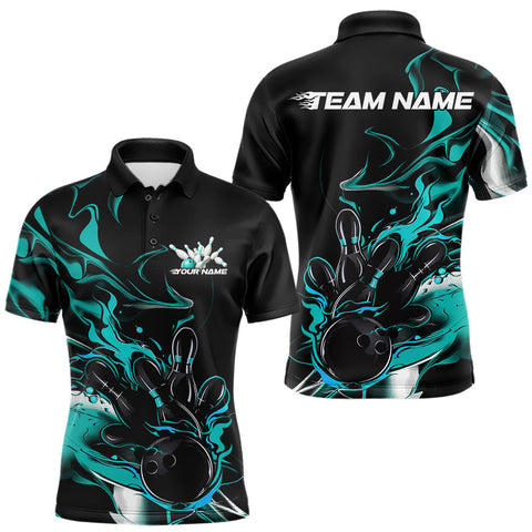 Maxcorners Custom Black And Turquoise Blue Camo Flame Bowling Team Men Polo Shirts, Bowling Jerseys TU1609