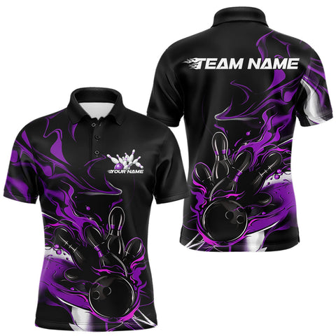 Maxcorners Custom Black And Purple Camo Flame Bowling Team Polo Shirts For Men, Bowling Jerseys TU1609
