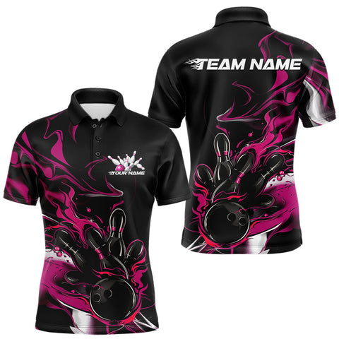 Maxcorners Custom Black And Pink Camo Flame Bowling Team Polo Shirts For Men, Bowling Jerseys TU1609