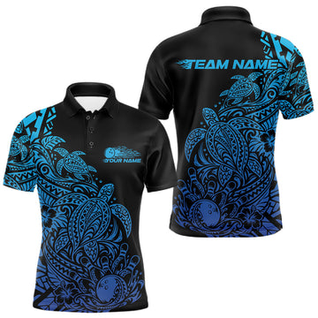 Maxcorners Custom Black And Blue Tribal Turtle Bowling Men Polo, Polynesian Bowling Outfit