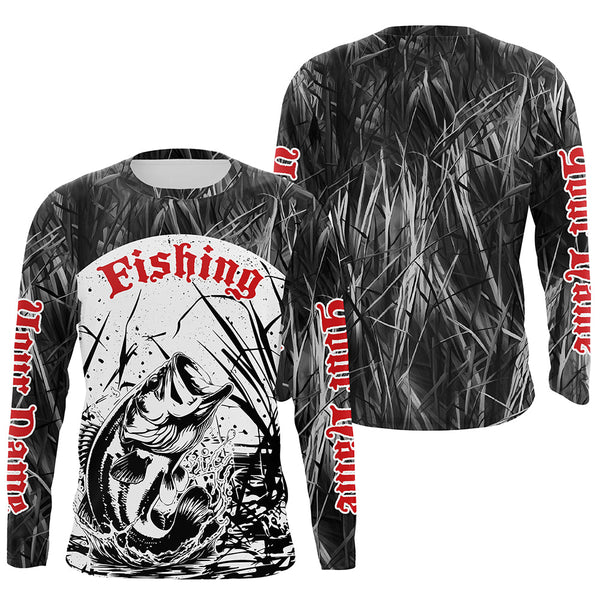Maxcorners Largemouth Bass Fishing Gray Camo Custom 3D Full Printing Shirts, Bass Long Sleeve Fishing Shirts LM2408