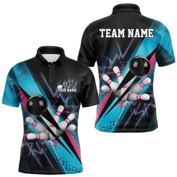 Maxcorners Custom Blue And Pink Synthwave Style Bowling Polo Shirts For Men, Team Bowling League Shirt TU2107