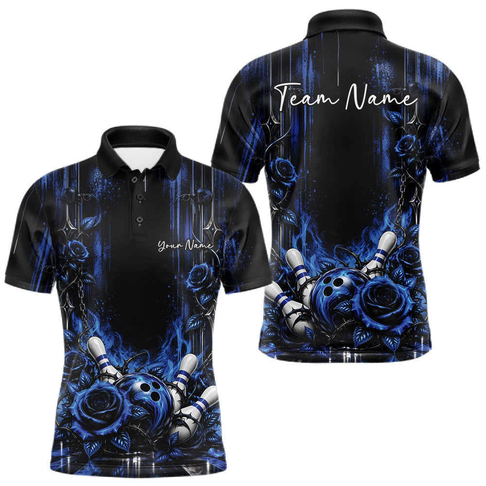 Maxcorners Custom Blue Roses Bowling Team Men Polo Shirt, Flower Bowling Jersey Gift Bowlers Outfit