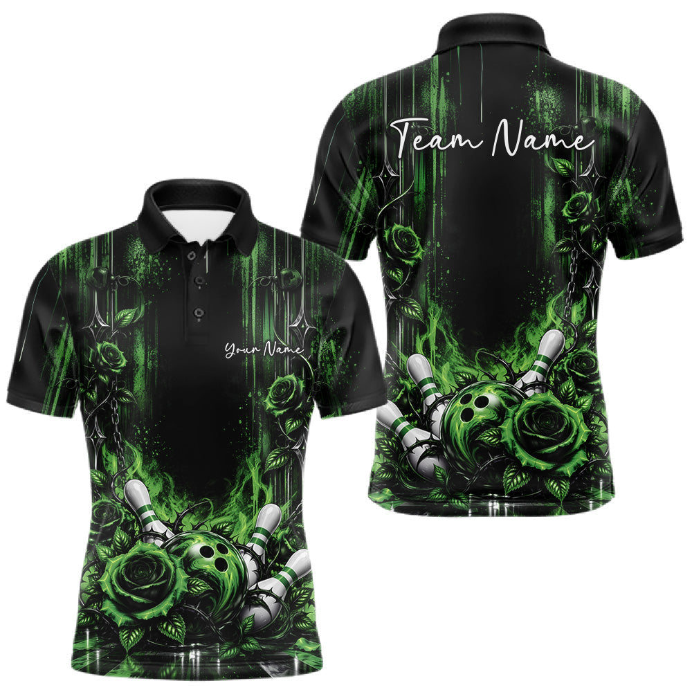 Maxcorners Custom Green Roses Bowling Team Men Polo Shirt, Flower Bowling Jersey Gift Bowlers Outfit