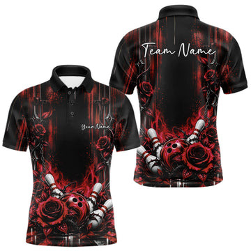 Maxcorners Custom Red Roses Bowling Team Men Polo Shirt, Flower Bowling Jersey Gift Bowlers Outfit