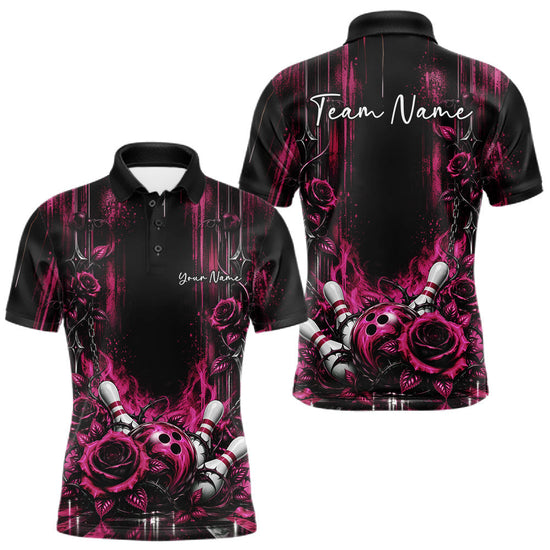 Maxcorners Custom Pink Roses Bowling Team Men Polo Shirt, Flower Bowling Jersey Gift Bowlers Outfit