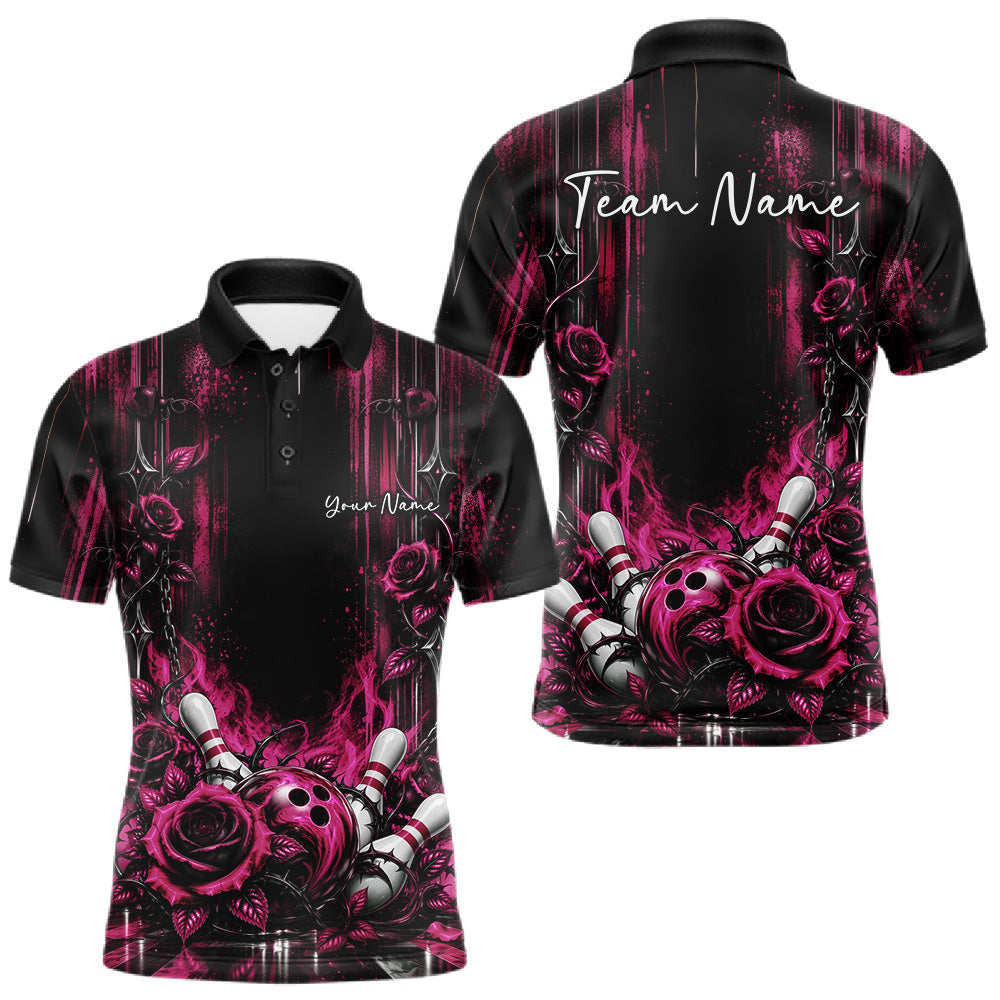 Maxcorners Custom Pink Roses Bowling Team Men Polo Shirt, Flower Bowling Jersey Gift Bowlers Outfit