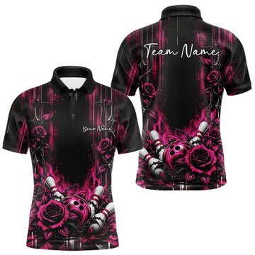 Maxcorners Custom Pink Roses Bowling Team Men Polo Shirt, Flower Bowling Jersey Gift Bowlers Outfit