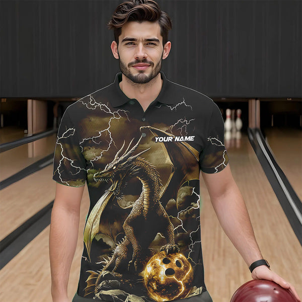 Maxcorners Black And Gold Thunder Lightning Custom Dragon Bowling Team Shirts For Men, Bowling Uniform