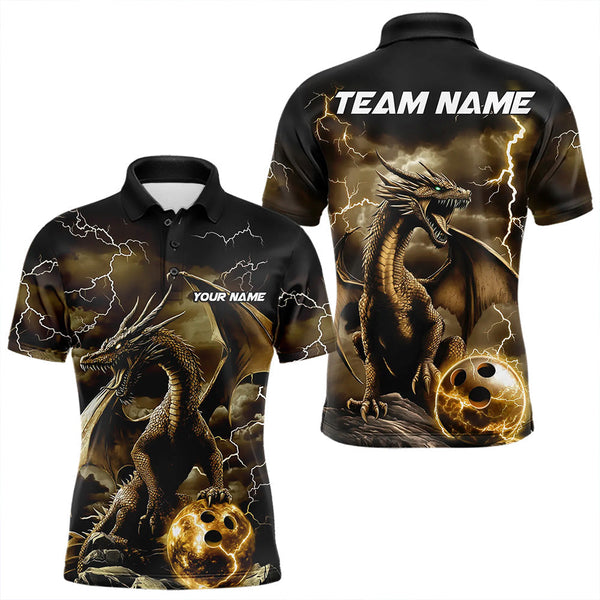 Maxcorners Black And Gold Thunder Lightning Custom Dragon Bowling Team Shirts For Men, Bowling Uniform