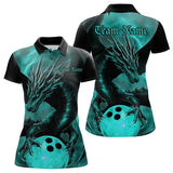 Maxcorners Black And Turquoise Blue Custom Dragon Bowling Polo Shirts For Men, Dragon Bowling League Shirt