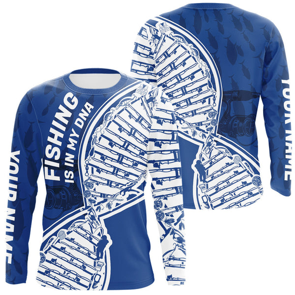 Maxcorners Blue And White Fishing Is In My DNA Custom Long Sleeve Fishing Shirts, Fishing Tools DNA LM0607