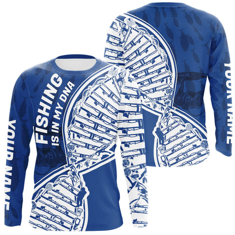 Maxcorners Blue And White Fishing Is In My DNA Custom Long Sleeve Fishing Shirts, Fishing Tools DNA LM0607