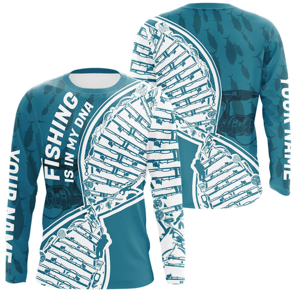 Maxcorners Aqua Blue Fishing Is In My DNA Custom Long Sleeve Fishing Shirts, Fishing Tools DNA LM0607