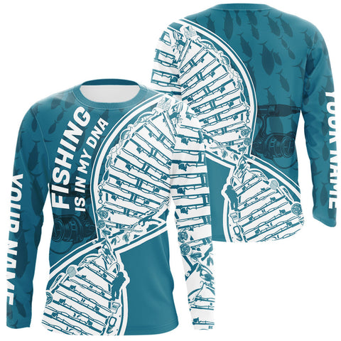 Maxcorners Aqua Blue Fishing Is In My DNA Custom Long Sleeve Fishing Shirts, Fishing Tools DNA LM0607