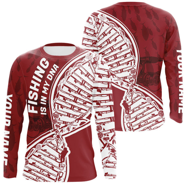 Maxcorners Red And White Fishing Is In My DNA Custom Long Sleeve Fishing Shirts, Fishing Tools DNA LM0607