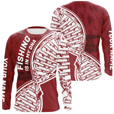 Maxcorners Red And White Fishing Is In My DNA Custom Long Sleeve Fishing Shirts, Fishing Tools DNA LM0607