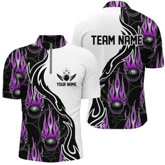 MaxCorners Bowling Ball And Pins Flame Team Jersey Multicolor Option Customized Name, Team Name 3D Stand Collar Zipper Polo Shirt