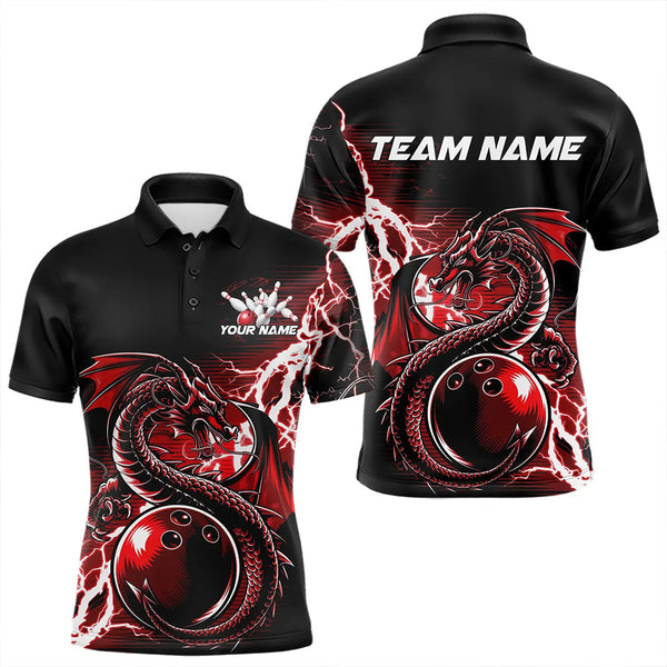 Maxcorners Custom Black And Red Thunder Lightning Dragon Bowling Polo Shirts For Men, Bowlers Outfits 