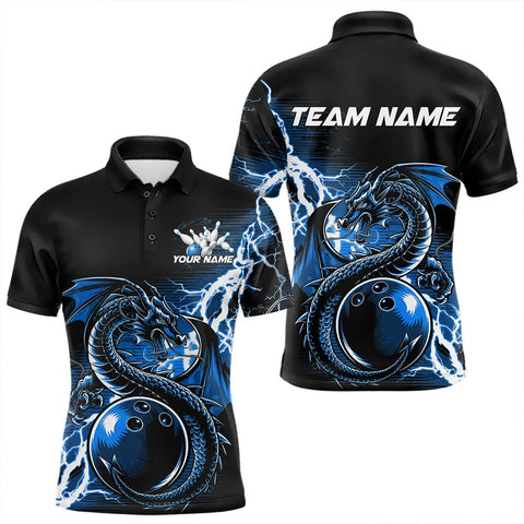 Maxcorners Custom Black And Blue Thunder Lightning Dragon Bowling Polo Shirts For Men, Bowlers Outfits