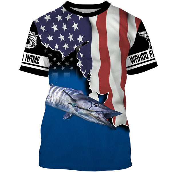 Maxcorners Wahoo Fishing American Flag Customize Name 3D Shirts