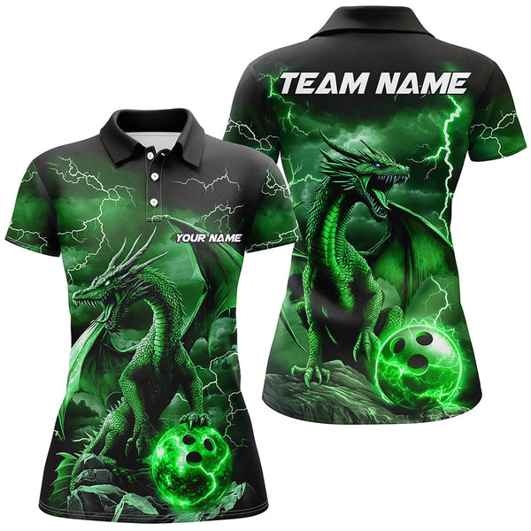 Maxcorners Black And Green Thunder Lightning Custom Dragon Ladies Bowling Team Shirts, Bowling Uniform
