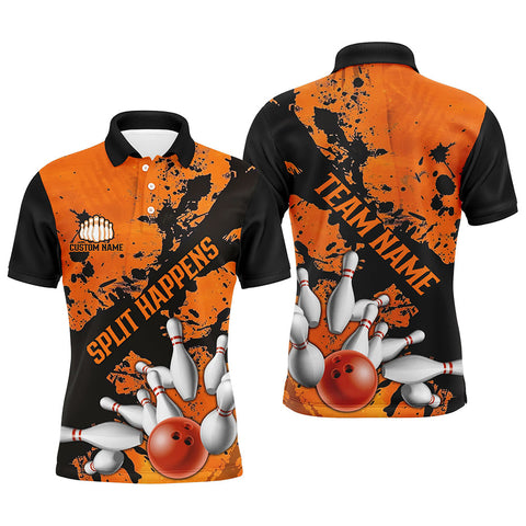 MaxCorners Bowling And Pins Split Happens Funny Orange Strike Customized Name And Team Name 3D Polo Shirt For Men