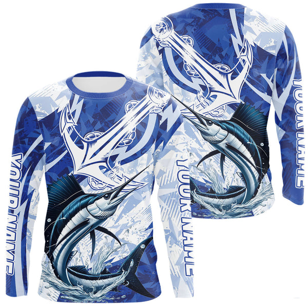 Maxcorners Blue Camo Anchor Custom Sailfish Saltwater Long Sleeve Performance Fishing Shirts LM0607