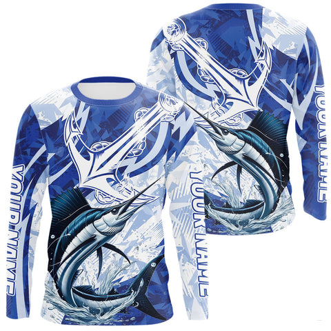 Maxcorners Blue Camo Anchor Custom Sailfish Saltwater Long Sleeve Performance Fishing Shirts LM0607