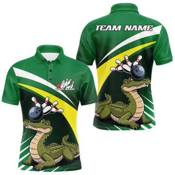 Maxcorners Custom Funny Green Alligator Bowling Polo Shirt For Men, Bowling League Shirt For Team LM1903