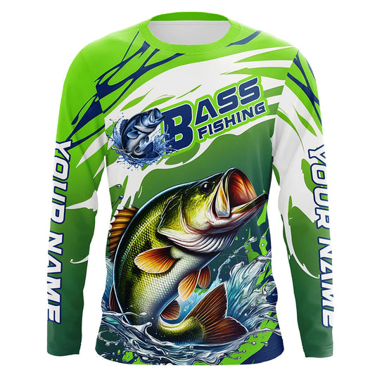 Maxcorners Custom Bass Fishing Jersey, Bass Long Sleeve Uv Protection Fishing Shirts | Green LM0201