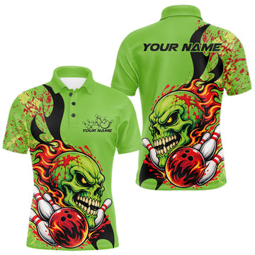 Maxcorners Custom Halloween Flaming Skull Bowling Men Polo Shirt, Halloween Bowler Outfit
