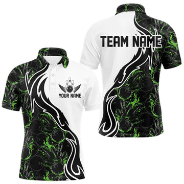 Maxcorners Custom Black And Green Flame Bowling Team Shirts, Bowling League Shirt Men Bowling Jersey LM2201