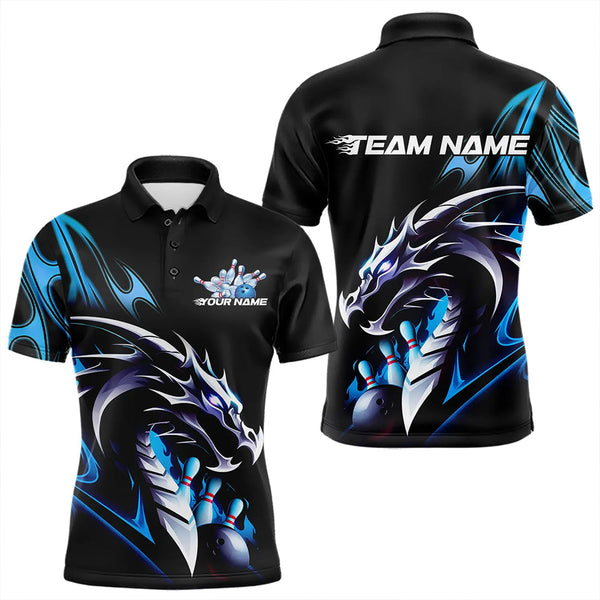 Maxcorners Custom Black And Blue Flame Dragon Bowling Polo Shirts For Men, Dragon Bowling League Shirt