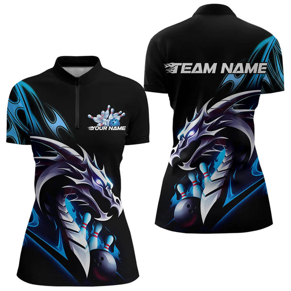 Maxcorners Custom Black And Blue Flame Dragon Bowling Polo Shirts For Men, Dragon Bowling League Shirt