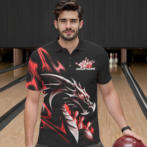 Maxcorners Custom Black And Red Flame Dragon Bowling Polo Shirts For Men, Dragon Bowling League Shirt